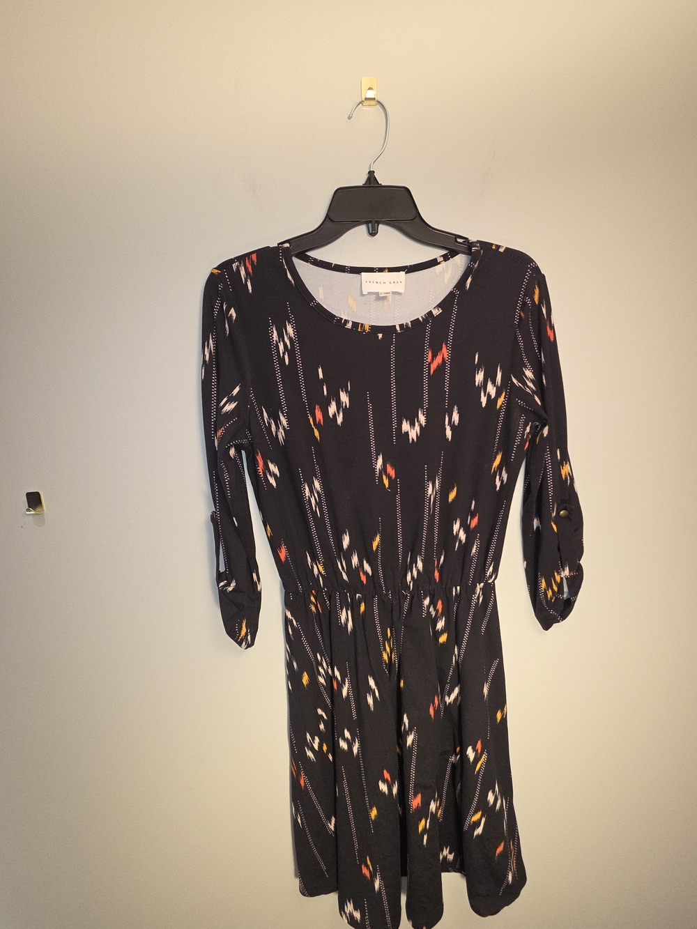 French Grey Black Printed Long-Sleeve Fit & Flare Dress
